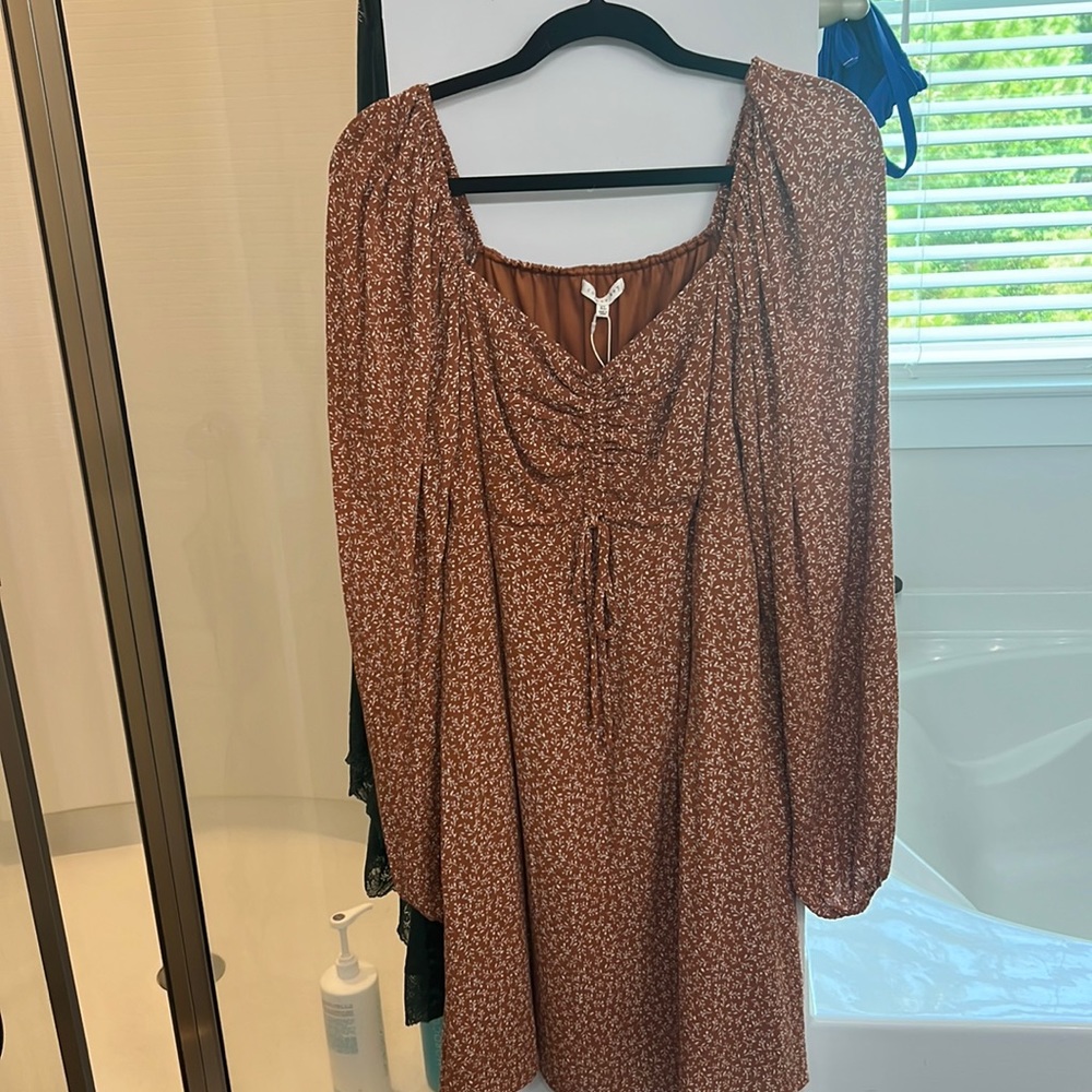 Copper key long sleeve off the shoulder dress